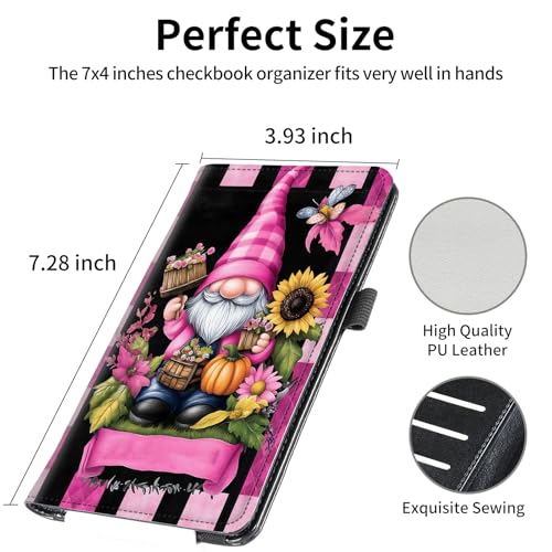 Image of FUYOCWE Checkbook Covers for Personal Checkbook,RFID Blocking Leather Check Book Covers Wallet with Pen Holder & Card Slot for Women Men -Pink Gnome Halloween