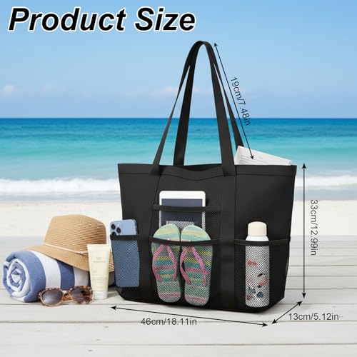 Viwnrxta 4 Pcs Beach Bag with Zipper Mesh Pockets, Beach Tote Bag for Pool Travel Cruise Vacation Essentials, Large Capacity for Women (Black + Beige + Pink + Purple) by Viwnrxta - Used condition - Image 4