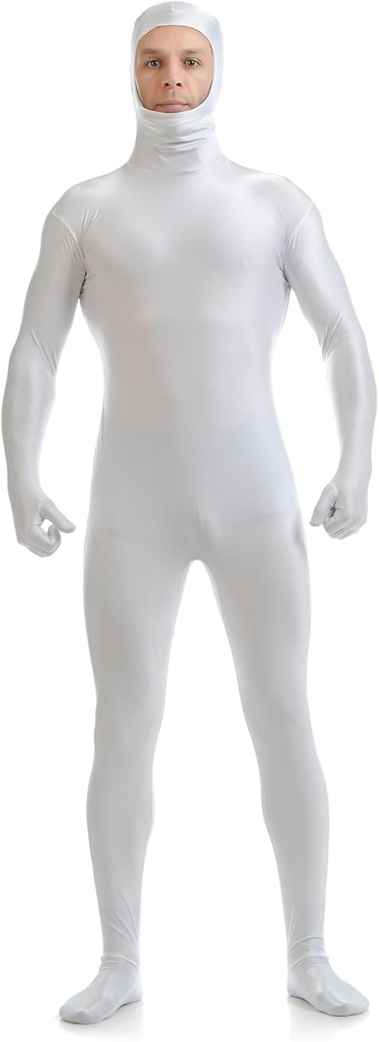 Boys' Men's Full Body Open Face Unitard Mask White Spandex Zentai Party Diy Second Skin Costume Bodysuit, White, M/155-165cm