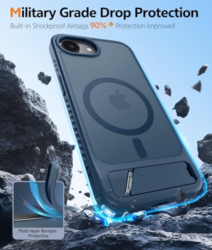 Image of FNTCASE for iPhone 16E Phone Case: [Magnetic Stand] [Compatible with Magsafe] Translucent Matte Military Grade Shockproof Drop Rugged Protective Phone Cover, Blue