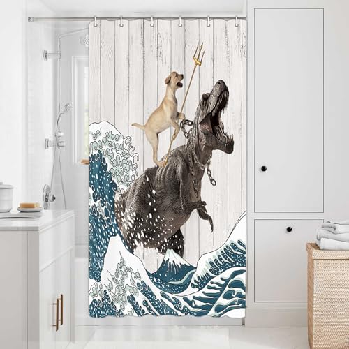 Image of Boziqr Funny Dog Shower Curtain, Japanese Ocean Wave Dinosaur Rustic Barn Door Decor Fabric Bathroom Curtains Set, Cute Animal Kids Polyester Fabric Waterproof, 36 X 70 Inches