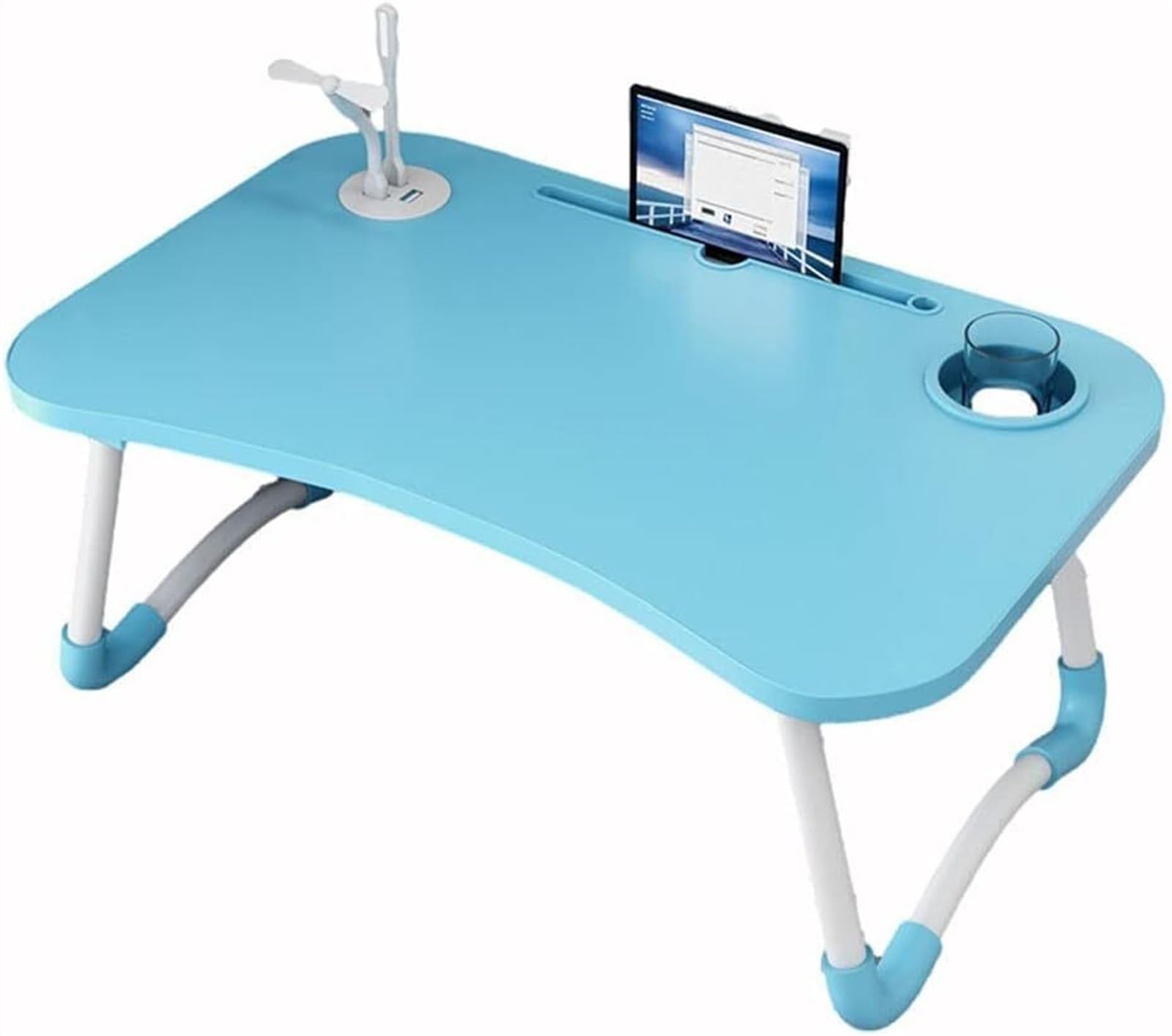 Regulowany składany stolik na laptopa Lap biurko łóżko podstawka pod komputer z otworem na kubek i wentylatorem uchwyt na książkę śniadaniową (Color : Blu)