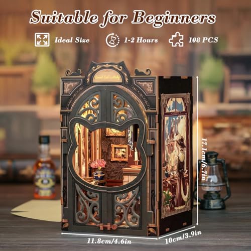 Image of PATPAT Earl Cat Bookstore DIY Miniature House Kit Book Nook Kit, Wooden Doll House for Adults, 3D Wooden Puzzle Bookshelf Decor, for Christmas, Birthday, Anniversary