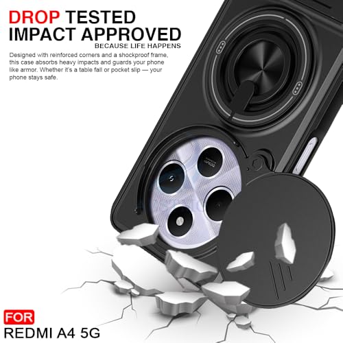 Image of AESTMO Redmi A4 / 14C / C75 5G / M7 5G Back Cover | Armor Camera Slider 360 Degree Rotating Finger Ring Holder Case with Bracket Stand Back Case Cover (Compatible with MagSafe Accessories) (Black)