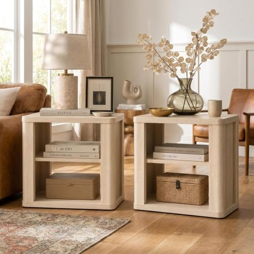 Image of ModernMate Wood End Table Set of 2, 24 inch Tall Nightstand for Bedroom, Thick 1.2 inch Top, Rounded Corner Side Table, Accent Table for Living Room, Sofa Side, Small Spaces, Beige Oak