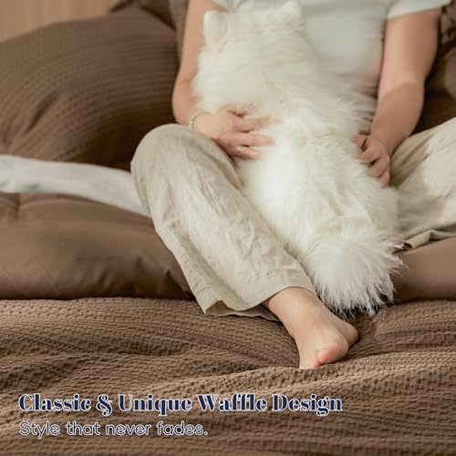 Image of PHF Soft Waffle Comforter Set King Size- Comfy Breathable Waffle Weave Comforter with 2 Pillow Shams, 3 Pieces Less Snagging Lightweight Textured Bedding Set for All Season, Mocha