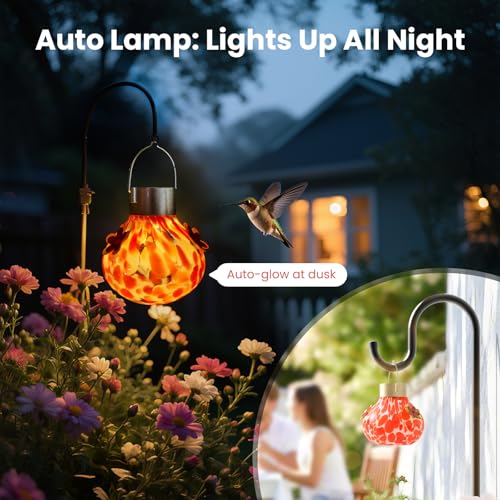 Hummingbird Feeder with Solar Light, Outdoor Glass Hummingbird Feeder, Auto-Lighting Solar Lamp for Garden Decor, 3 Feeding Ports Attract More Birds, Waterproof Design, Ideal Gift (Red) by Grebilux - Used condition - Image 5