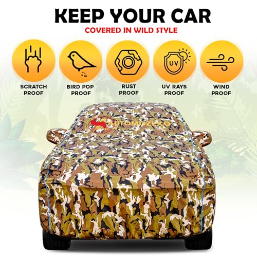 Image of Scorpion 100% Waterproof Car Cover for All Weather Protection with Mirror Pocket Inner Cotton Layer Triple Stitched Cover with Adjustable Belt Bottom Elastic to Secure Fit -Jungle