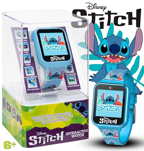 disney stitch kids smart watch with 10 customizable faces camera voice recorder calculator and step counter  touchscreen interactive watch for kids  blue silicone strap