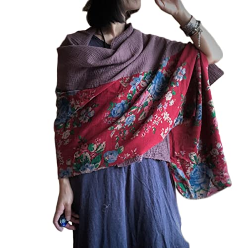 NFYM Longue écharpe en coton doux pour femme Motif patchwork Automne Printemps Châle Vintage Floral Wrap étole, Fleur - Rouge, taille unique Cover