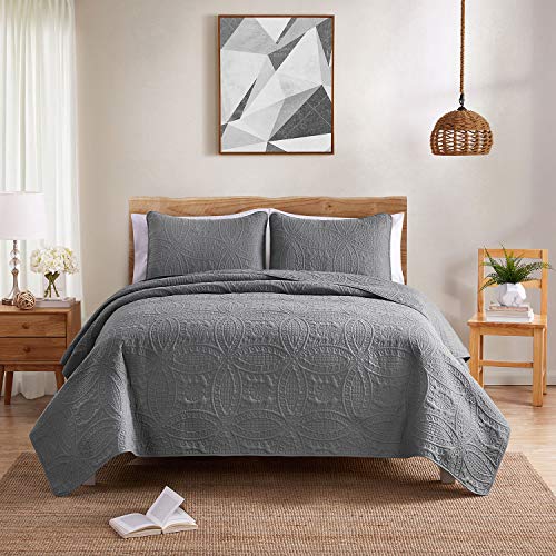 VEEYOO Bedspread Quilt Set Full/Queen Size - Soft Microfiber Lightweight Coverlet Quilt Set for All Season, Quilt Set 3 Piece (1 Quilt, 2 Pillow Shams), Grey