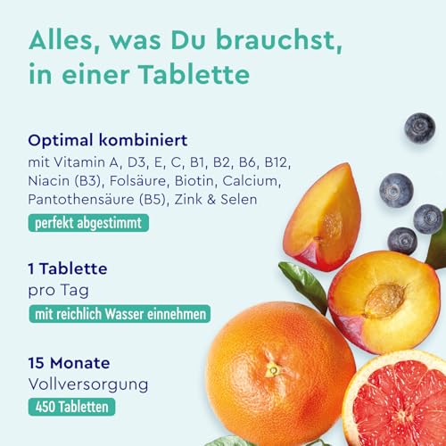 Multivitamin Hochdosiert - 450 Tabletten - Wertvolle Mineralien & alle A-Z Vitamine - 15 Monate Vorrat - Unterstützt das Immunsystem* - Laborgeprüft ohne Zusätze in Deutschland hergestellt