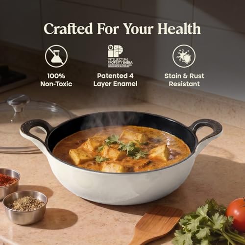 Image of CUMIN CO. Cast Iron Kadai with Lid | 3L, 26 cm | Induction Base Cookware |10 Years Warranty | Non Toxic Heavy Bottom Kadhai for Frying | Chemical Free Coating | Free Accessories | White