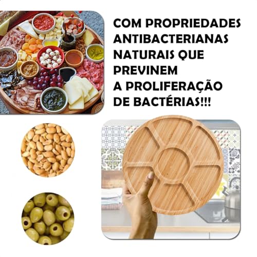 KIT 3 Bandeja Tábua Petisqueira Porção Petisco Madeira 7 Divisórias 24cm Para Frios, Queijos, Presun