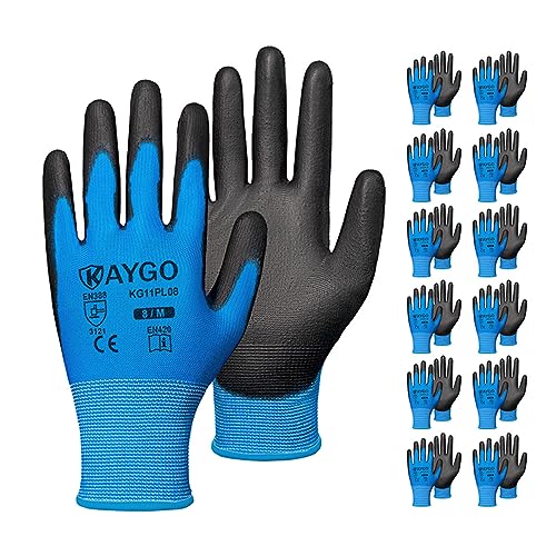 KAYGO Work Gloves for Men and Women, 12 Pairs Seamless Knit PU Coated Safety Gloves, with Smooth Grip on Palm and Fingers, Ideal for Light Warehouse, Manufacturing, Gardening, KG11P (M, Blue)