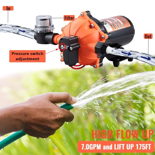 Image of 12V RV Fresh Water Pump - 7.0 GPM 75 PSI Self-Priming Diaphragm Pump with Pressure Switch & Filter | Quiet 5-Chamber Design for RV, Boat, Yacht, Garden Irrigation & Camper