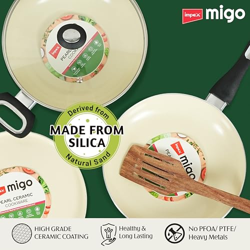 Image of Impex Ceramic Cookware Set | 6 Pc Induction Base Non Stick | Kadai Pan With Lid, Fry Pan, Tawa Pan and 2 Spatulas | Free From PTFE, PFOA and Heavy Metals| 100% Non Toxic | 2 Year Warranty, Grey