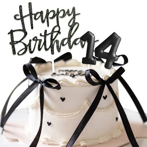 Decorazioni Torta Compleanno 14 Anni, Candeline Compleanno e Happy Birthday Decorazioni Torta con Nastro, Decorazioni Compleanno Nero
