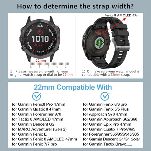 Image of 22mm Compatible with Garmin Fenix E /8 /8pro AMOLED 47mm /Fenix 7 /7 Pro /6 /6 Pro /5 /5 Plus Watch Band,Soft Quickfit Silicone Straps for Forerunner 970 965 955 /Approach S70 47mm /tactix 8 /quatix 7 8 47mm