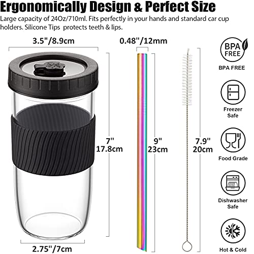 Reusable Boba Cup Glass Bubble Tea Cup 2 Pack, 24Oz Wide Mouth Smoothie Cups With Lids Straws Silicone Sleeve, Leakproof Mason Jars Drinking Water Bottle Travel Tumbler For Large Pearl Valentine Gifts #TOP2