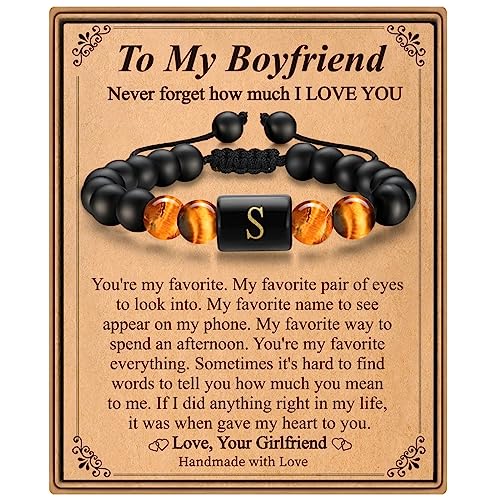 Ieftop Cute Gifts For Boyfriendfrom Girlfriend, 8Mm Tiger Eye & Black Agate Initial S Bracelets Birthday Gifts For Boyfriend From Girlfriend Christmas Valentines Graduation Gifts For Boyfriend Him #TOP21