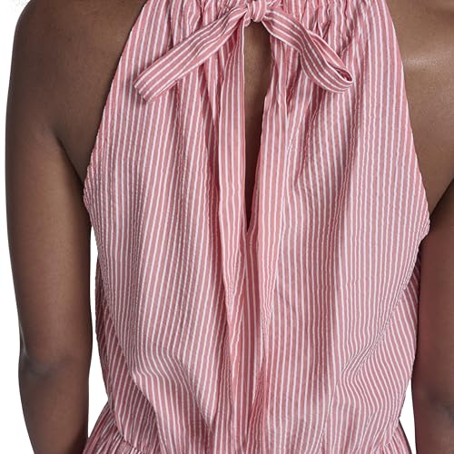 Image of Tommy Hilfiger Women's Sleeveless Halter Neck Seersucker Tiered Skirt Maxi Dress