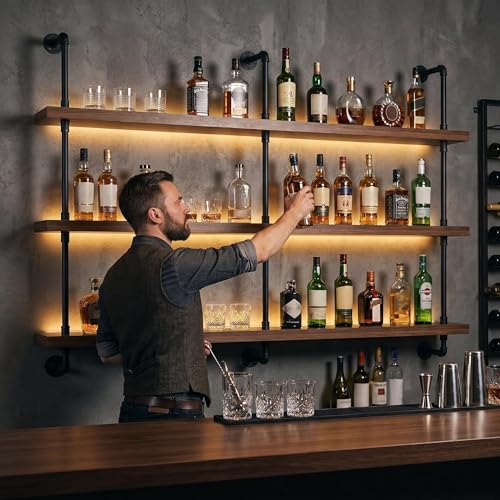 Image of HOUSESET 36 /48 /60 /72 /84in Wine Wall Rack with Led Lights, 3-Tiers Modern Pipe Liquor Bottle Display Shelf, Bar Shelves Wall Mounted for Commercial Bar, Restaurant, Home