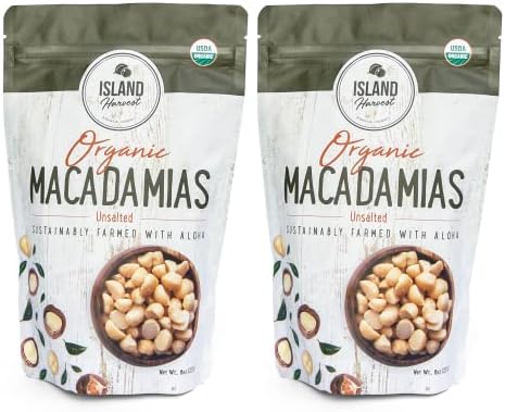 Island Harvest Unsalted Organic Macadamia Nuts - 100% Hawaiian Unsalted Macadamia Nuts are Keto Friendly, All-Natural and Non-GMO, Dry Roasted Nuts High In Fiber; 8 Ounce (Pack of 2)