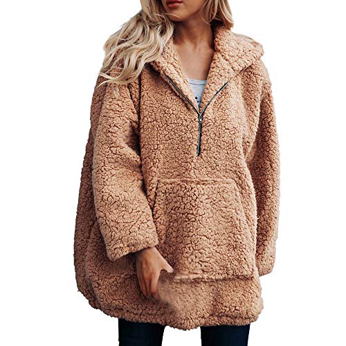 Rovinci_Womens Warm Plus Size Hoody Artificial Wool Coat Hooded Zipper with Kangaroo Pocket Sweatshirt Winter Parka Outerwear Khaki