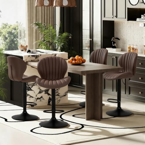 Image of MALOL Bar Stools Set of 4, Swivel Adjustable Height Leather Bar Chair,Brown