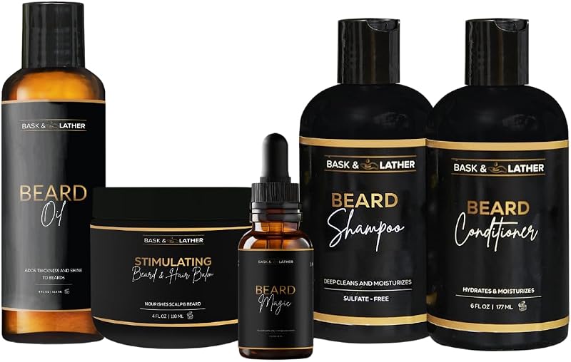 Bask & Lather Co. Healthy Men’s Hair & Beard Care Kit – Hair Growth Routine Set with Beard Oil, Shampoo, Conditioner & Scalp Moisture System for All Hair & Beard Types
