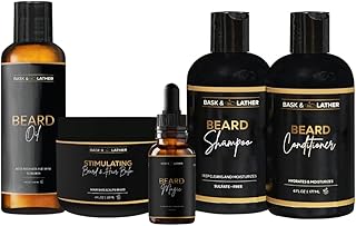 Bask & Lather Co. Healthy Men’s Hair & Beard Care Kit – Hair Growth Routine Set with Beard Oil, Shampoo, Conditioner & Scalp Moisture System for All Hair & Beard Types
