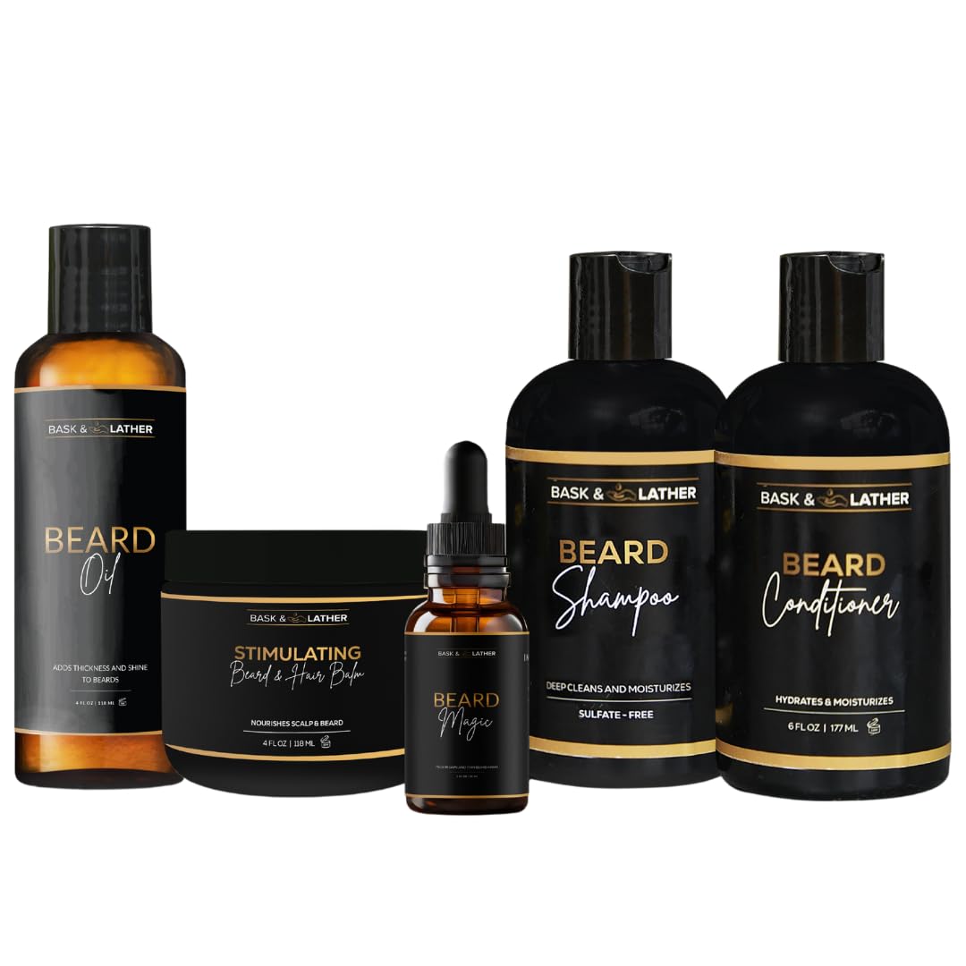 Bask & Lather Healthy Hair and Beard Care Kit for Men Includes Beard Oil, Beard Shampoo and Beard Conditioner, Beard Magic, and Stimulating Hair Balm, 5 Product All-In-One Starter Grooming Kit, Black