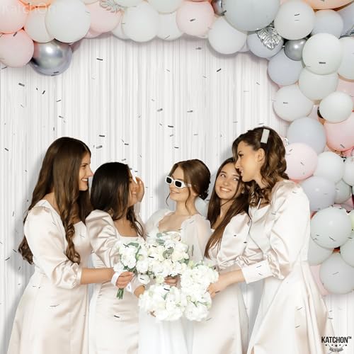 Image of KatchOn, White Foil Fringe Curtain - XtraLarge 3.2x8 Feet, Pack of 2 | Fringe Backdrop for Party Decorations | White Backdrop for Bridal Shower, Baby Shower, Anniversary, Wedding Decorations