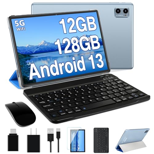 Image of Oangcc 2026 Android Tablet 10 Inch Tablets Octa-Core 12GB RAM 128GB ROM 2TB Expand, 2 in 1 Tablet with Keyboard, Mouse, 5G Wi-Fi Blue /Tooth GPS, GMS Certified, IPS HD Display (Blue)