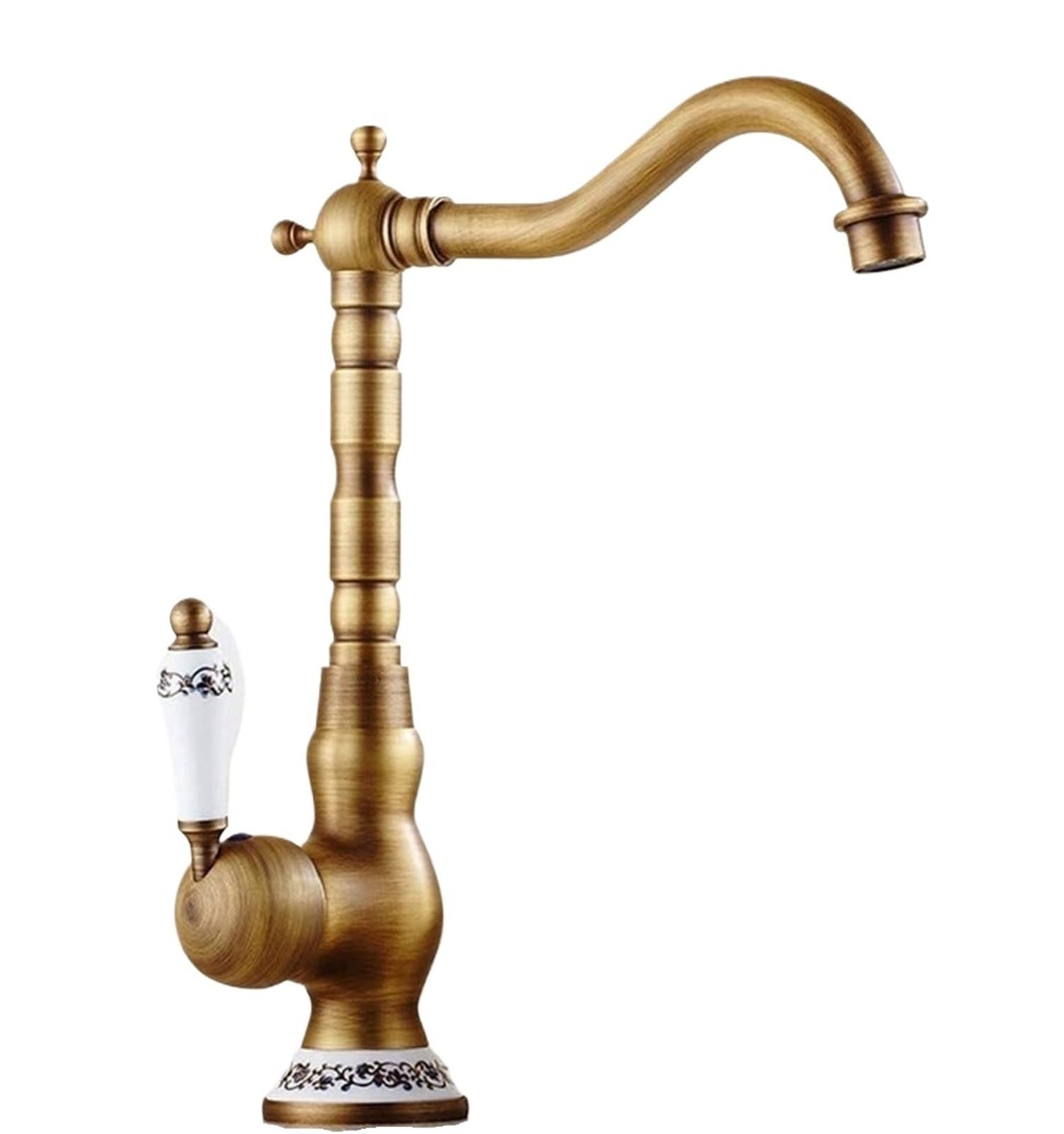 MXXQRHF Antique Brass Kitchen Faucet with 360° Rotation Porcelain Handle Mixer Tap for Hot & Cold Water Deck Mounted Sink Faucet Vintage Style and Stylish