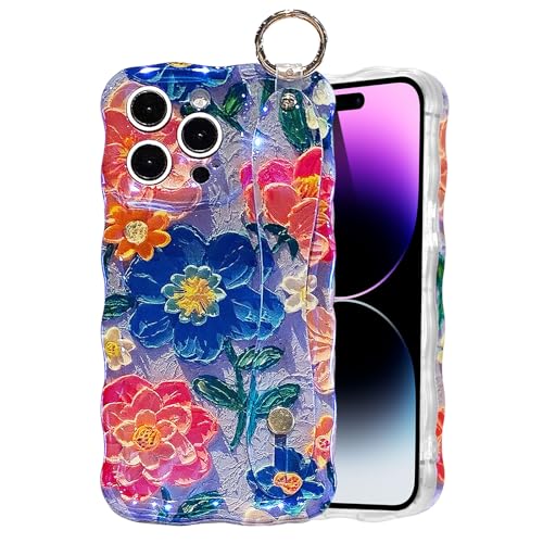 Coque iPhone 13 antichoc silicone souple dragonne femme motif floral bleu
