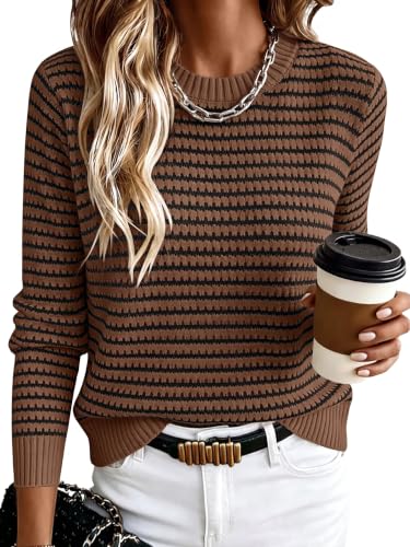 ANRABESS Women Long Sleeve Striped Crochet Sweater Top Dark Brown Black M