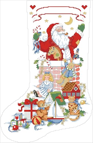 Image of Howie's Needlepoint Cross Stitch Kits, 14CT Pre-Printed Charistmas Stocking Pattern Embroidery Kits, Full Range of Stamped Starter Needlework Kits (Santa-in-The-Chimney-Stocking, 13.39 x 19.29inch)
