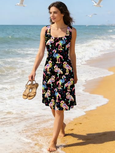 Image of uideazone Women Funny Print Sleeveless U Neck A Line Casual Midi Dress | Soft Stretchy Breathable Fabric Flared Swing Sundress Fitted Waist for Daily Wear 80 /90s Themed Party Beach Vacation Trips