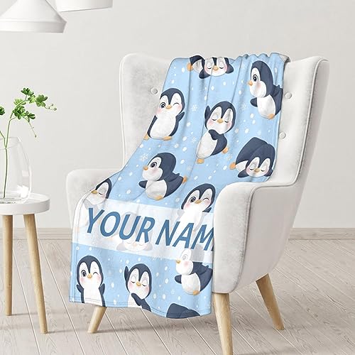 Custom Penguin Blankets with Name - Soft Warm Blanket Throw for Kids, Adults - 40"x50" Flannel Blankets for Couch, Sofa - Blue Cute Blanket Gifts