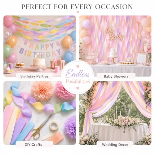 Image of 8 Pastel Streamers, 656ft Pack of Crepe Paper Party Decorations | Each roll is 82 ft long and 1.8 Inch wide ideal for Birthday Party Decor, Baby showers and Easter Celebrations