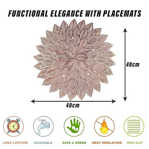 Image of Kuber Industries 2 Pcs Leather Dining Table Placemat | Heat Resistant Table Mat | Decorative Round Placemat Flower Design | Copper