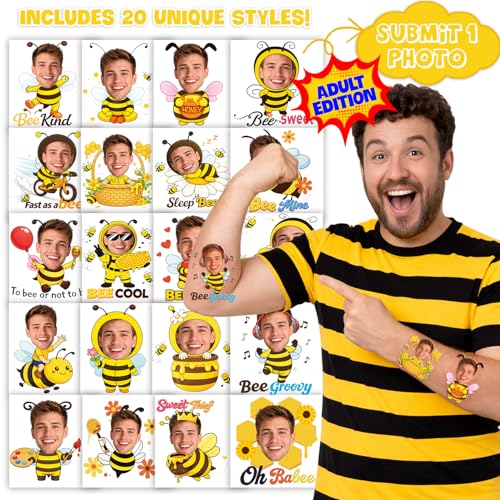 Image of Custom Bee Temporary Tattoos for Kids - Set of 20 | Personalized Pre-Cut Face Photo, Birthday Party Favors, For Boys Girls, Bee Lovers