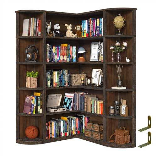 TVU Corner Bookshelf, 5-Tier L-Shaped Farmhouse Display Shelf, 37.8' x 35.4' x 64.6', for Living Room Bedroom Study Office, Rustic Brown