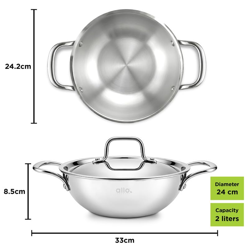 Image of Allo Triply Stainless Steel Kadhai with Handles|Perfect Kadhai for Curry /Stir-Fry /Deep-Fry /DryVeg /Saute Induction Friendly Naturally Non-Stick | 10 Years Warranty, with lid