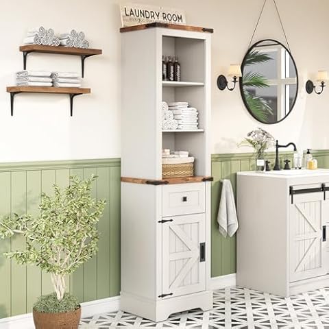LUXOAK Farmhouse Bathroom Storage Cabinet, 68" Tall Storage Cabinet with Adjustable Shelves & Drawer, Linen Towel Cabinet for Bathroom, Living Room, Kitchen, Office, Anti-Tipping, Rustic Oak & White Cover