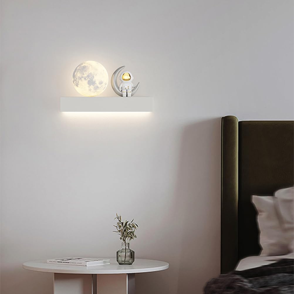 AoLa Mond Wandleuchte Kinderzimmer LED Astronaut Wandlampe lnnen Modern Kreative Cartoon Sternenhimme Astronaut Mond Lampe Nachttischlampe für Junge Mädchen Schlafzimmer Wohnzimmer,Weiß