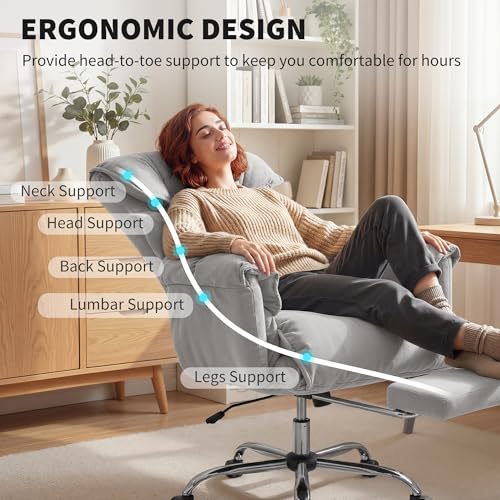 Image of HOMCOM Executive Office Chair Comfy with Foot Rest Reclining Light Gray | Swivel Computer Desk Chair, High Folding Back, Thick Cushion, Padded Armrest, Adjustable Height, Rolling Wheels