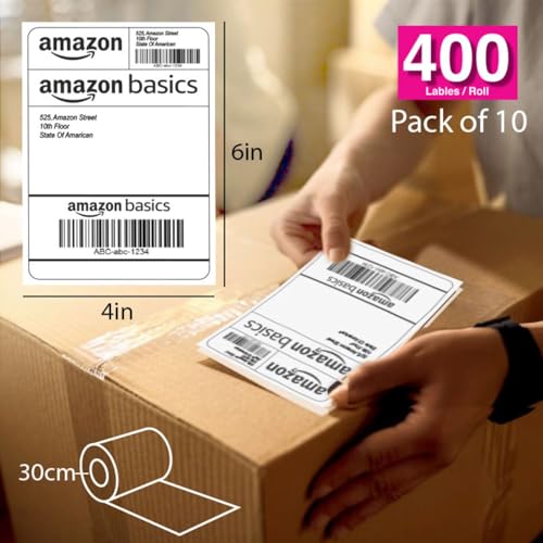 Image of Amazon Basics 70gsm Thermal Label Printer Paper - 4 inch x 6 inch (100 x 150 mm)| Ideal for Shipping, Parcel, Barcode, and Address Labels - 400 Labels per Roll (Pack of 10)